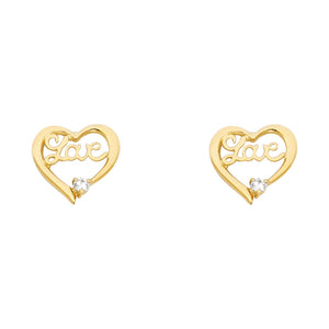 14K Yellow Gold CZ Heart "LOVE" Earrings w/ Screw Back