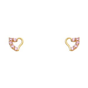 14K Yellow Gold Pink CZ Heart Earrings w/ Screw Back