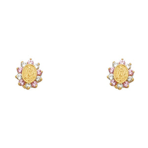 14K Yellow Gold Pink CZ Virgen Mary Earrings w/ Screw Back