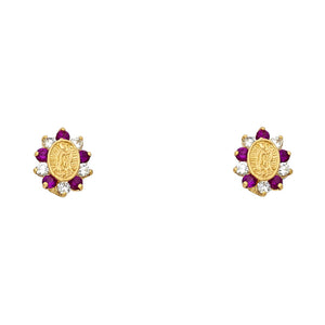 14K Yellow Gold CZ Virgen Mary Earrings w/ Screw Back